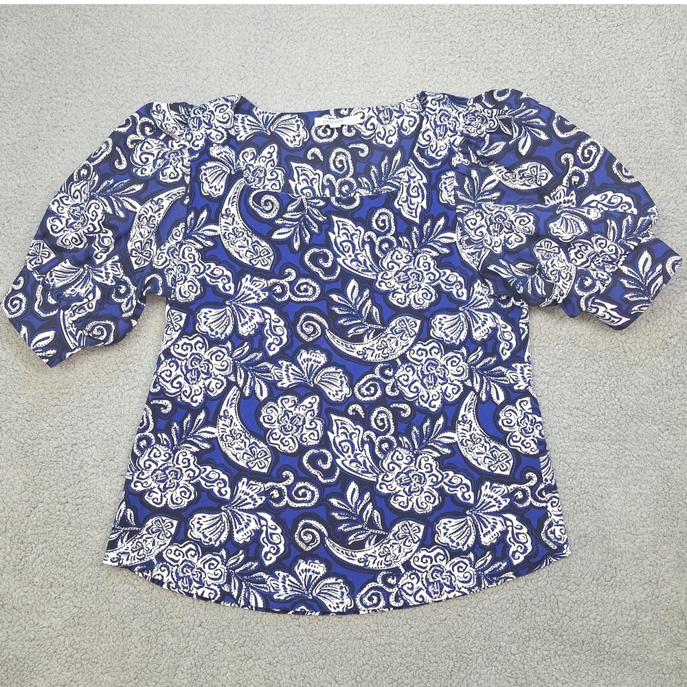 Chicos Top Womens Large‎ Blue Paisley Floral Puff Sleeve Stretch Cottagecore